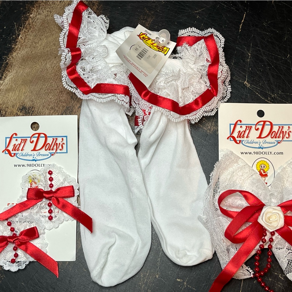 White Lace Ruffled Socks with Red Ribbon & White Lace Hair Bows with Red Ribbon